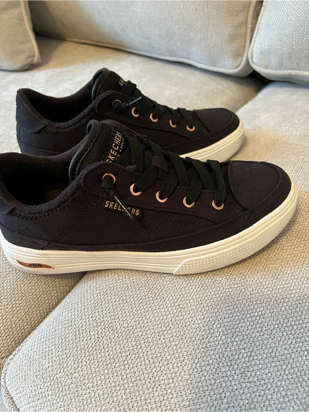 Skechers Arch Fit Arcade Black Canvas Sneakers with Rose-Gold Eyelets